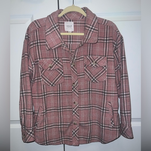 PINK PLAID FLANNEL OVERSIZED SHACKET JACKET SMALL BUTTON UP LIKE NEW - Picture 5 of 8
